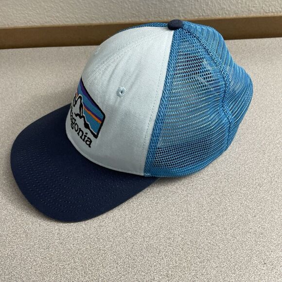 Patagonia Hat Mens Blue Cap Snapback Net Plus Embroidered Logo Mesh Trucker - Picture 3 of 8